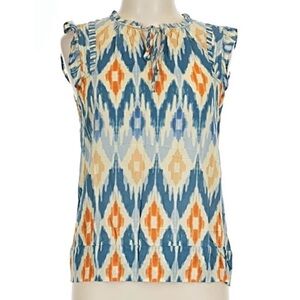 Les Serein Sleeveless Ikat Print Blouse | Ruffle Trim | Never Worn